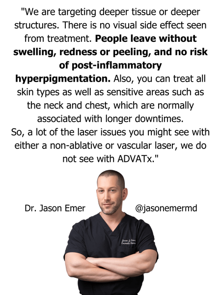 we are targeting deeper tissue or deeper structures. There is no visual side effect seen from treatment. People leave without swelling, redness or peeling, and no risk of post-inflammatory hyperpigmentation. Also, yo (1)